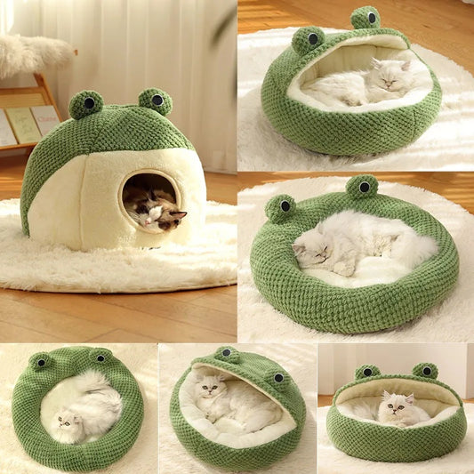 Frog Design Plush Pet Bed – Warm Sleeping Nest for Small Cats & Dogs (Up to 5kg)